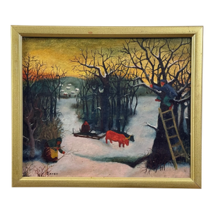 Vintage Naive Winter Landscape (After Josip Generalić), Signed (C. 1960, Oil on Board)
