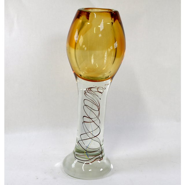 An exceptional mid-century Italian art glass centerpiece chalice vase, showcasing master-level hand-blown craftsmanship....