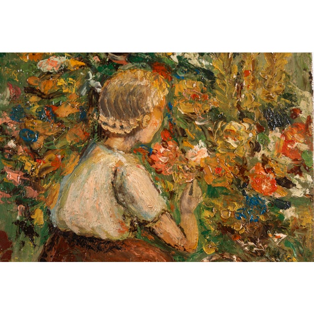 Unknown, Young Woman Among Sunflowers, 1909, Oil on Canvas For Sale - Image 4 of 14