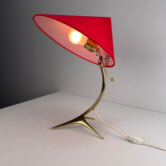 Gold Table Lamp with Golden Crows Foot and Newly Upholstered Red Silk Shade by J. T. Kalmar, 1950s For Sale - Image 8 of 14