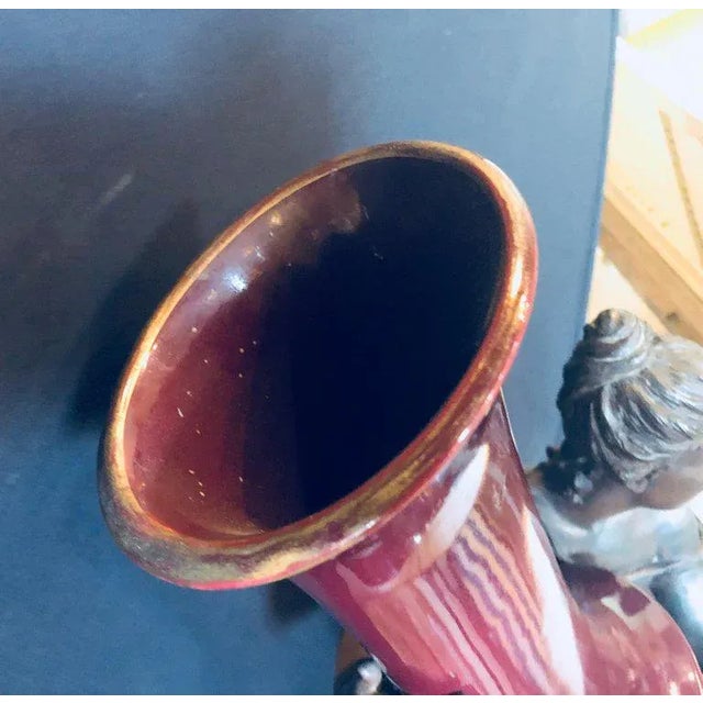 Spelter Figure of a Water Bearer on a Pedestal / Marble With Red Glazed Vase For Sale - Image 12 of 13