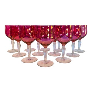 Vintage 1960s Cranberry Iridescent Glass Wine Stems, Set of 12 For Sale
