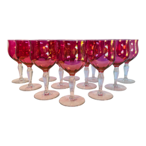 Vintage 1960s Cranberry Iridescent Glass Wine Stems, Set of 12