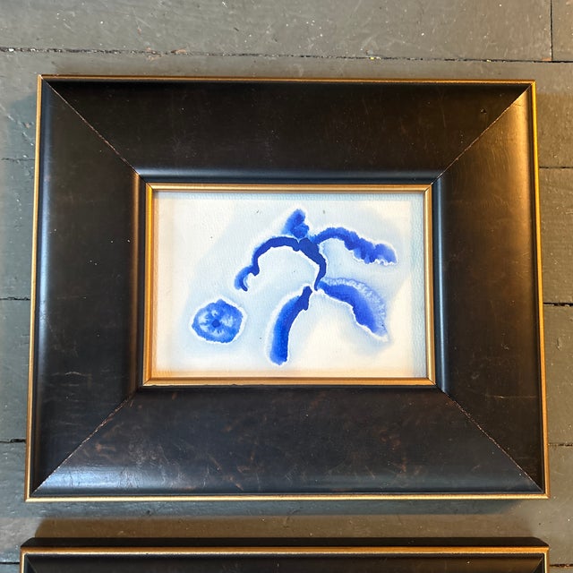 Set of two contemporary original abstract dancing figures blue ink watercolor paintings. Each measure 7x5 or approximately...