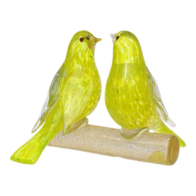 Murano Barovier Toso Vintage Canary Yellow Gold Flecks Italian Art Glass Love Birds Figurine Sculpture For Sale