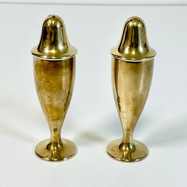 Metal 1940s Vintage Art Deco Boho Chic Brass Salt & Pepper Shakers - A Pair. For Sale - Image 7 of 8