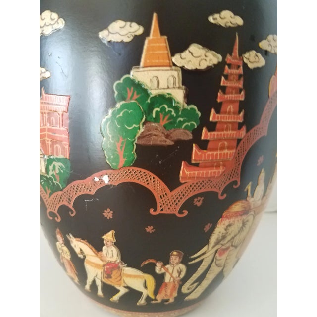 Metal Vintage Chinoiserie Metal Hand Painted Black Lacquer Jardiniere For Sale - Image 7 of 8