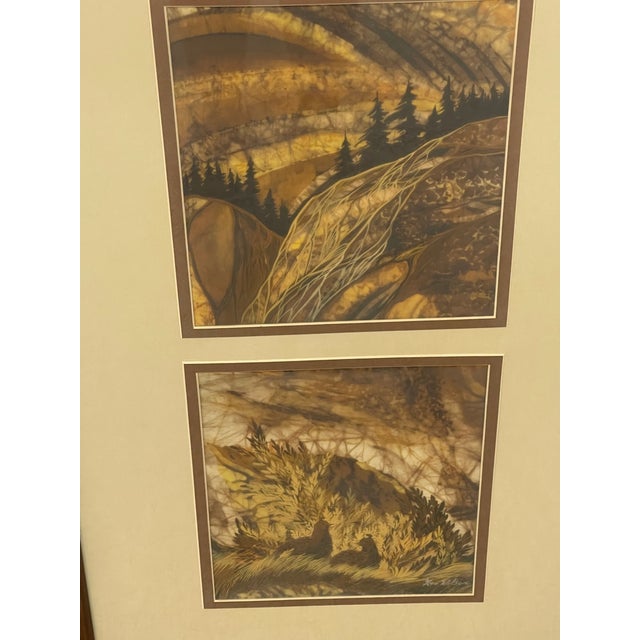1970s Louise "Lou" Wilson Signed Batik Art Triptych, Framed Nature and Wildlife Landscape.. For Sale - Image 9 of 10