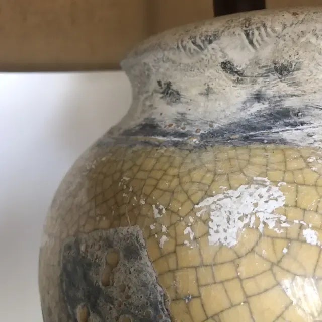 1990s Yellow and Gray Crackle Glaze Ceramic Urn Shaped Lamp With Shade For Sale - Image 4 of 9