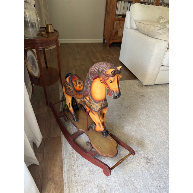 Antique Hand-Painted Carved Wood Rocking Horse on Wheels For Sale In Baton Rouge - Image 6 of 7