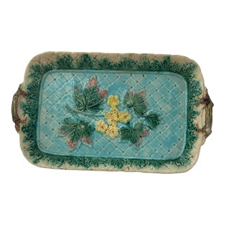 1900s Flower & Leaf Decorated Victorian Ceramic Majolica Platter For Sale