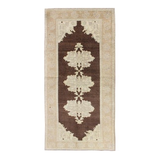 Brown Background Vintage Turkish Oushak Runner With Medallions in Cream & Ivory For Sale