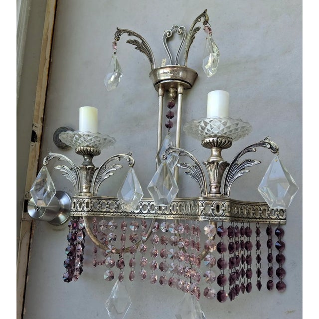 1940's Hollywood Regency Silvered Metal With Amethyst & Pink Cut Austrian Crystal Waterfall Wall Sconces a - Pair For Sale - Image 17 of 18