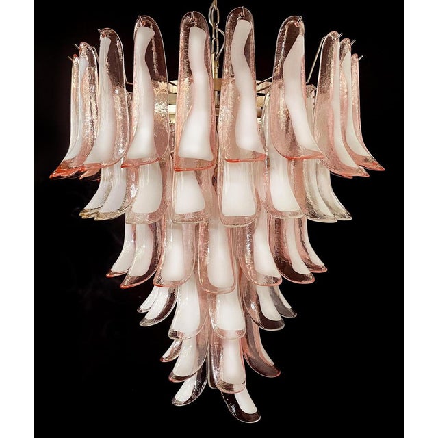 Pair of huge Italian vintage Murano chandeliers made by 75 glass petals (pink and white “lattimo”) in a chrome frame....