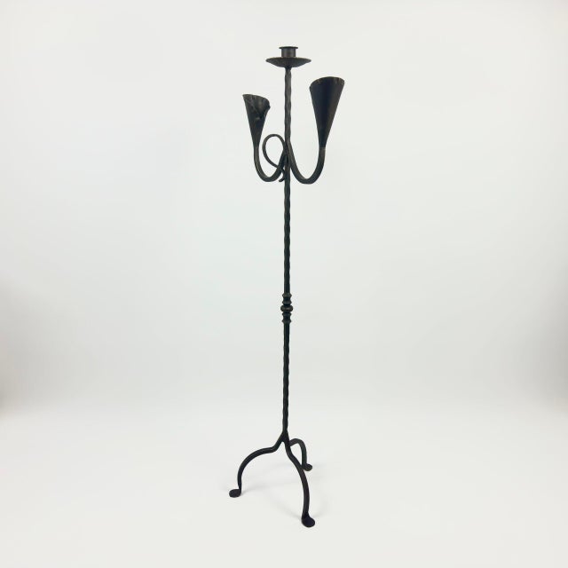 Hand Forged Iron Candelabra 48″ (123cm) Antique Copper or Gold Patina 3-Arm Lily Cup Candle Holder Rustic Wedding Decor For Sale - Image 9 of 9