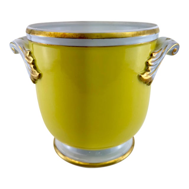 Vintage Mottahedeh Yellow Porcelain Cachepot With Gilt Rococo Handles For Sale