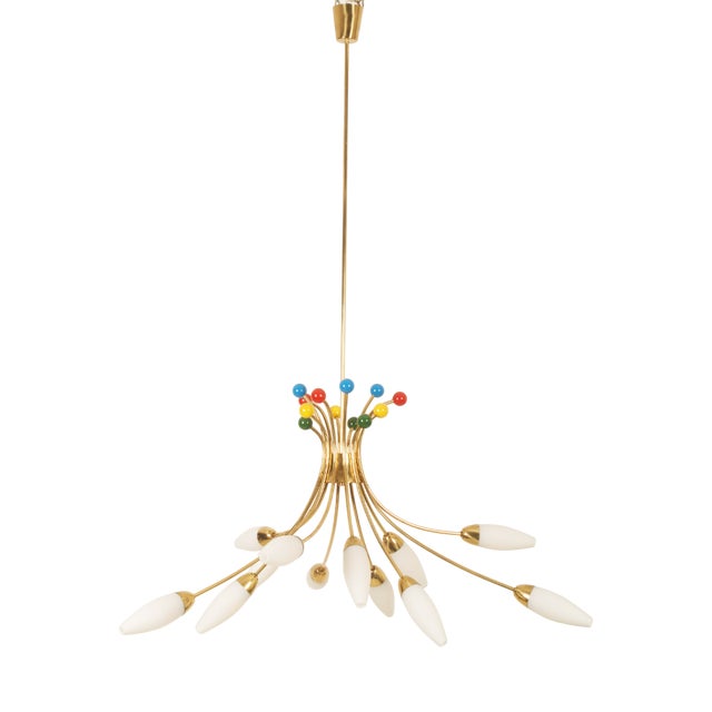 Mid-Century Brass Opaline Glass Chandelier by Rupert Nikoll, 1955 For Sale
