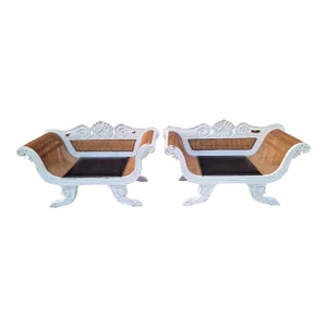 Painted Antique Anglo-Indian Colonial Caned Leather Seat Settees -- a Pair