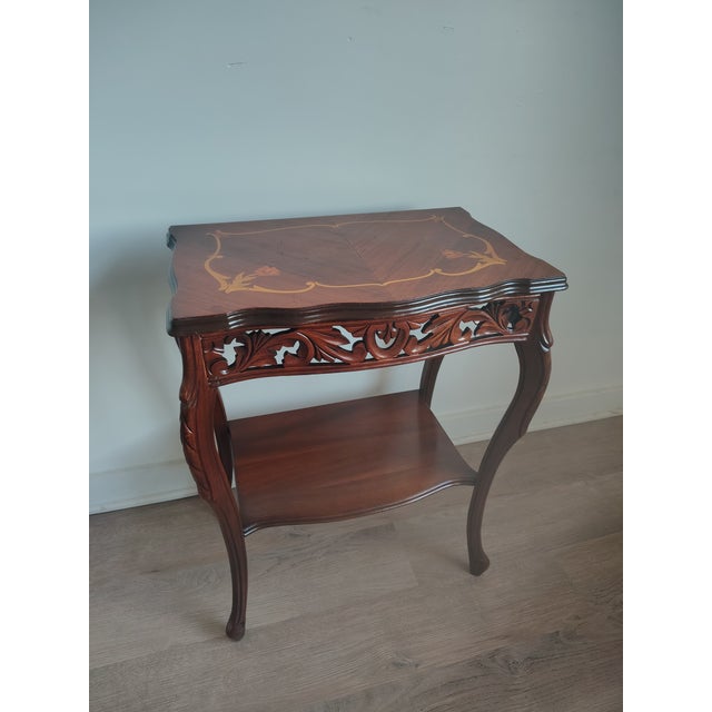 Chestnut Antique French Louis XV Style Inlaid Marquetry and Carved Walnut Accent Table For Sale - Image 8 of 11