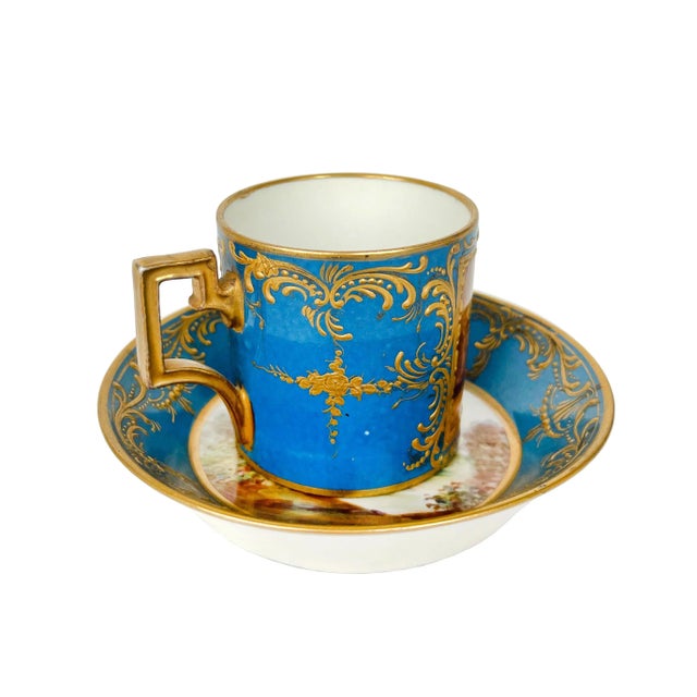 19th Century French Blue Ground Porcelain Cup & Saucer For Sale - Image 4 of 9