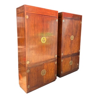 Late 20th Century Pair of Henredon Scene One Campaign Walnut Armoires With Brass Hardware For Sale