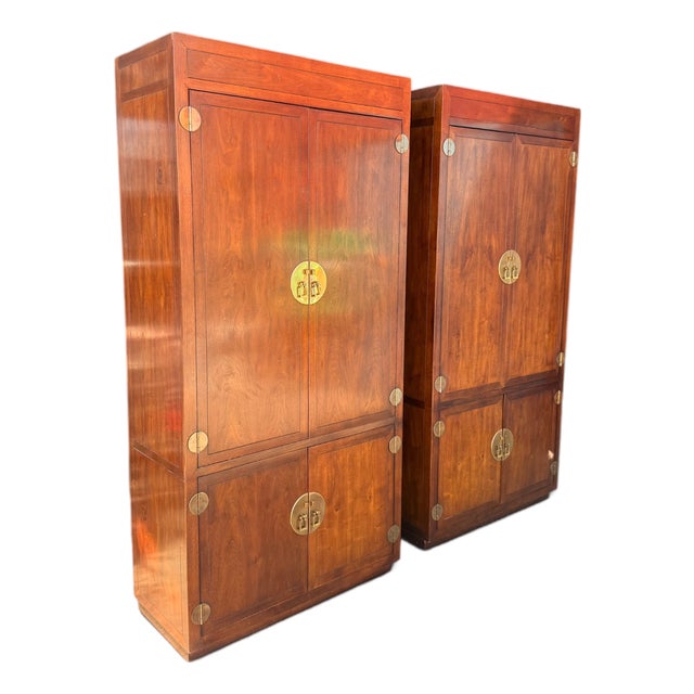 Late 20th Century Pair of Henredon Scene One Campaign Walnut Armoires With Brass Hardware For Sale