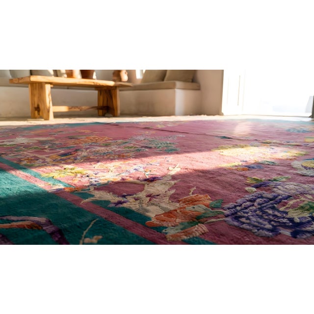 1920s Pink Floral Modern Antique Chinese Art Deco Rug 9' X 11'8" Handknotted Wool Carpet For Sale - Image 14 of 15