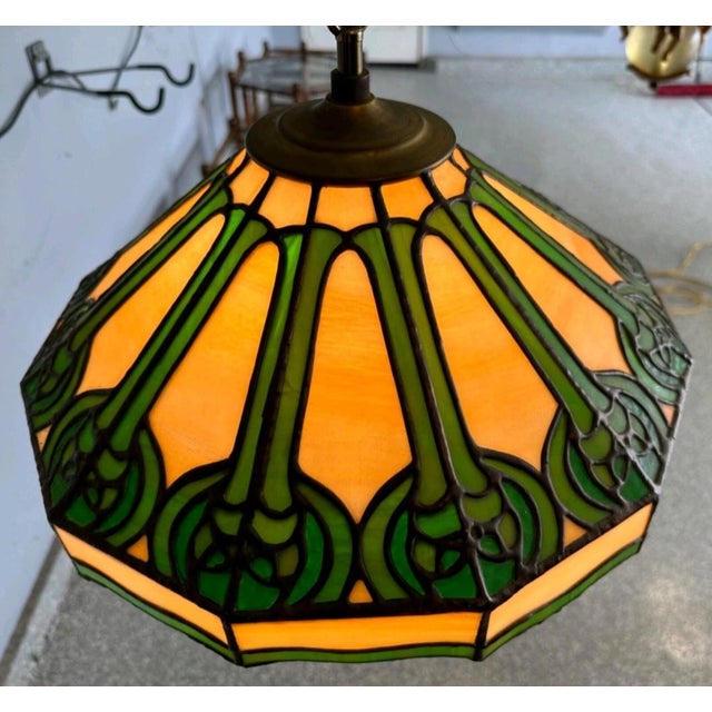 Antique Arts & Crafts j.a. Whaley & Co. Rare Mixed Slag & Stained Glass 12-Sided Swag Pendant Chandelier Lamp For Sale - Image 4 of 12