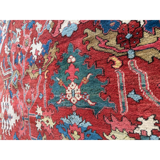 Antique Persian Serapi Carpet Handmade Wool Oriental Rug, Red, Ivory, Light Blue For Sale - Image 9 of 18
