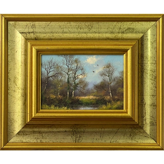 Country Lane with Trees & Birds in English Countryside by 20th Century British Landscape Artist, James Wright Signed,...