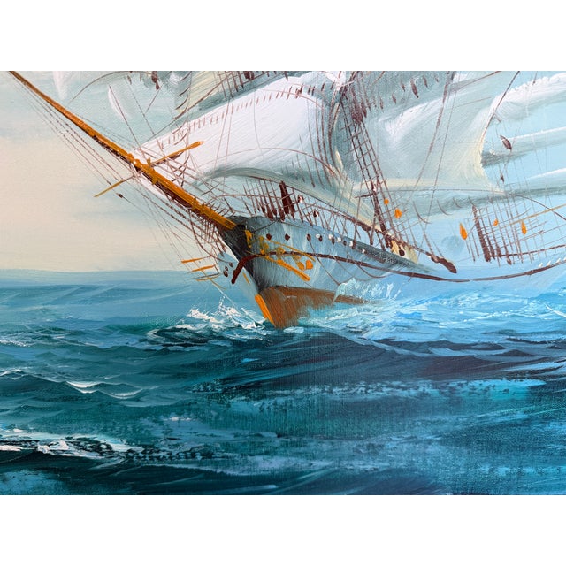 Late 20th Century Listed Artist Hewett Jackson Original Oil Painting | Tall Ship Seascape | Large For Sale - Image 14 of 15
