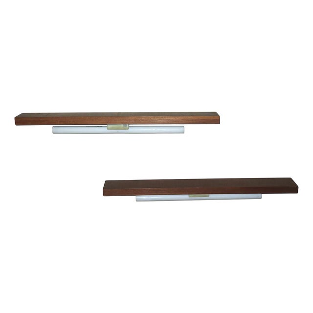 Narrow Danish Teak Shelves with Wall Lights, 1960s, Set of 2 For Sale