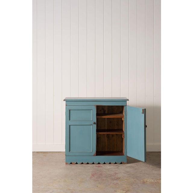 English Antique English Pine Blue Painted Cabinet With Interior Shelves + Scalloped Apron For Sale - Image 3 of 10