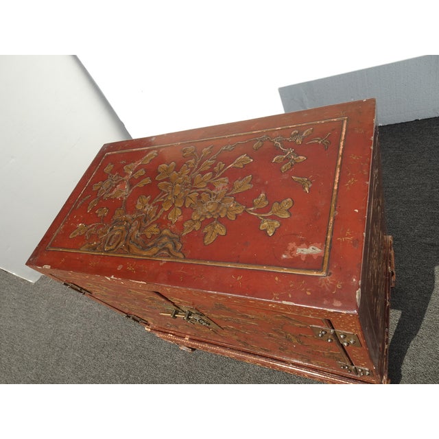 Wood Antique Storage Cabinet Oriental Chinese Red Lacquer Chinoiserie W Stand & Brass For Sale - Image 7 of 18