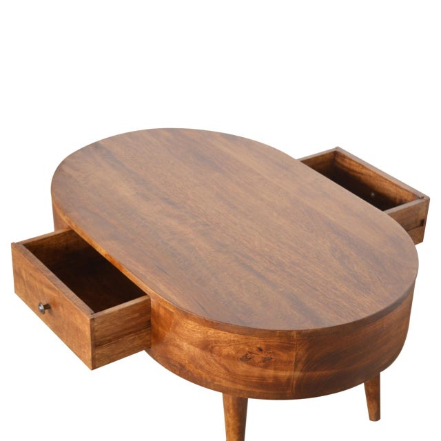 Rounded Chestnut Mango Wood Coffee Table With Drawer For Sale In Philadelphia - Image 6 of 7