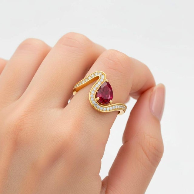 Red Waved Pear Garnet 14k Gold Ring, Size 6.75 For Sale - Image 8 of 8