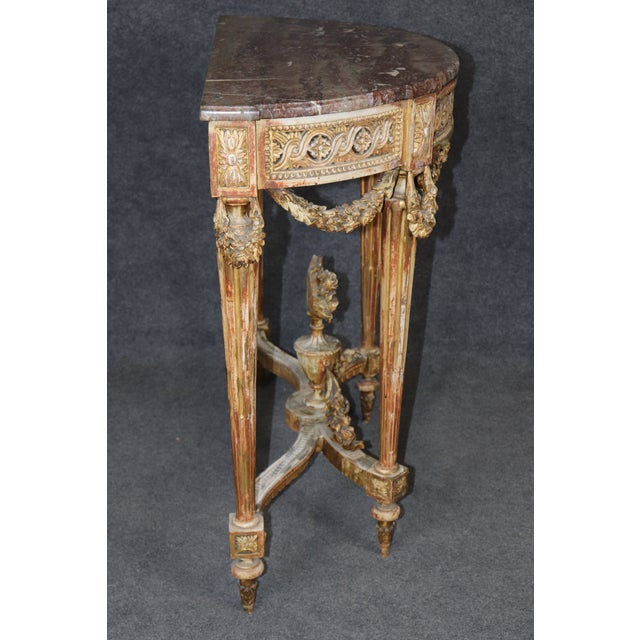 Late 19th Century 19th Century French Louis XVI Style Distressed Demilune Marble Top Console Table For Sale - Image 5 of 15