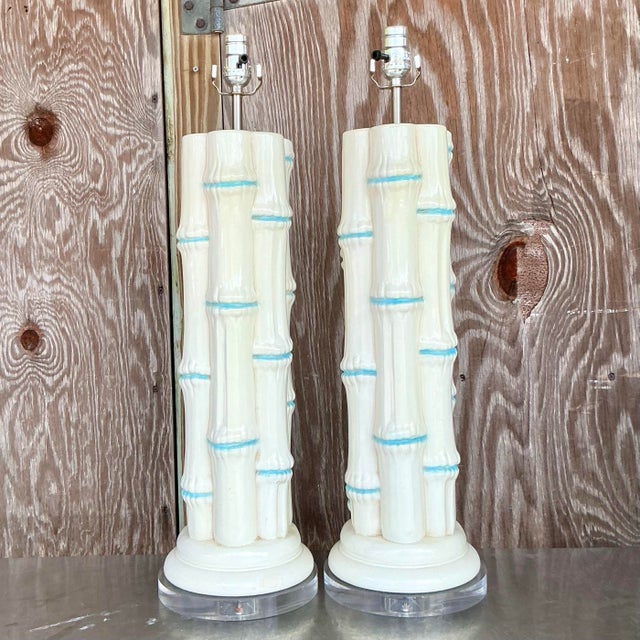 Metal Vintage Coastal Glazed Ceramic Bamboo Lamps - a Pair For Sale - Image 7 of 7
