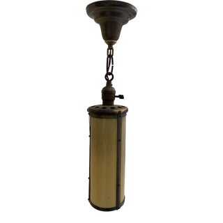 Vintage Brass Arts and Crafts Fixture With Custard Glass Shade For Sale
