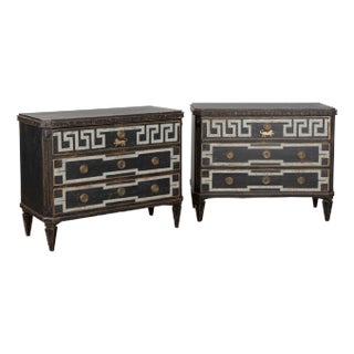 19th Century Pair, Black Gustavian Chests of Three Drawers With Greek Key For Sale