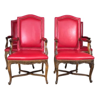 Red Leather Louis XV Armchairs Set of 4 For Sale