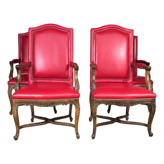 Red Leather Louis XV Armchairs Set of 4 For Sale