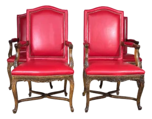 Red Leather Louis XV Armchairs Set of 4