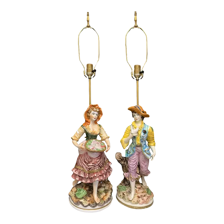 Mid-Century Capodimonte Porcelain Table Lamp- Villagers: Young Man