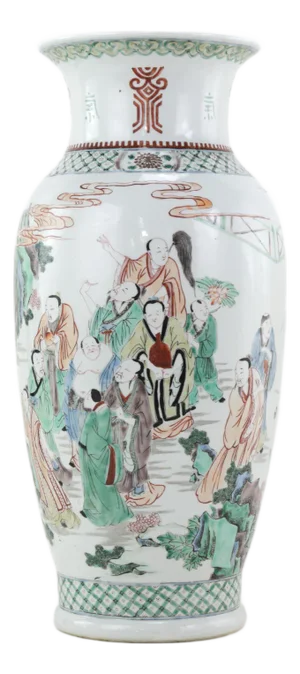 A Mid-Qing Dynasty Chinese Five-Color Vase Depicting a Group of Immortal Figures, Marked With the Kangxi Reign Mark.