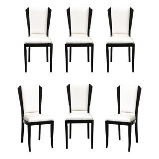 Set of 6 Art Deco Skyscraper Black Lacquer & Off White Upholstery Dining Chairs For Sale