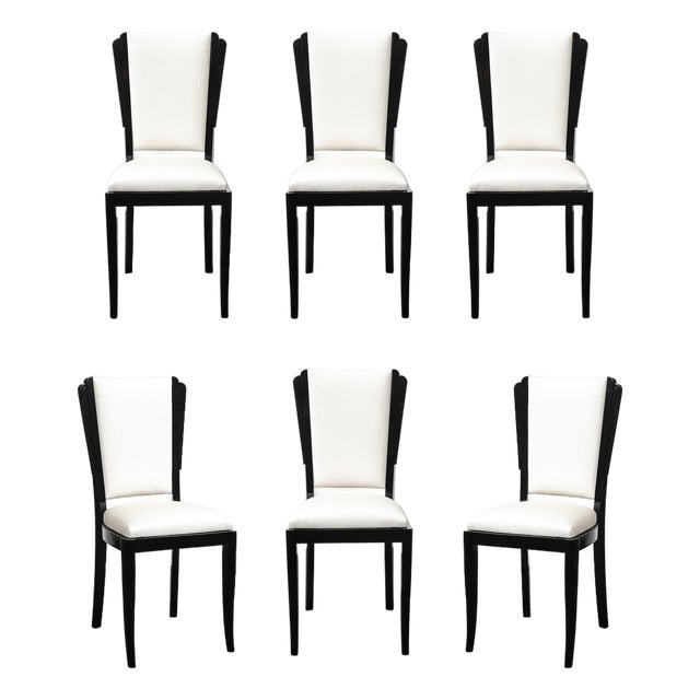 Set of 6 Art Deco Skyscraper Black Lacquer & Off White Upholstery Dining Chairs For Sale