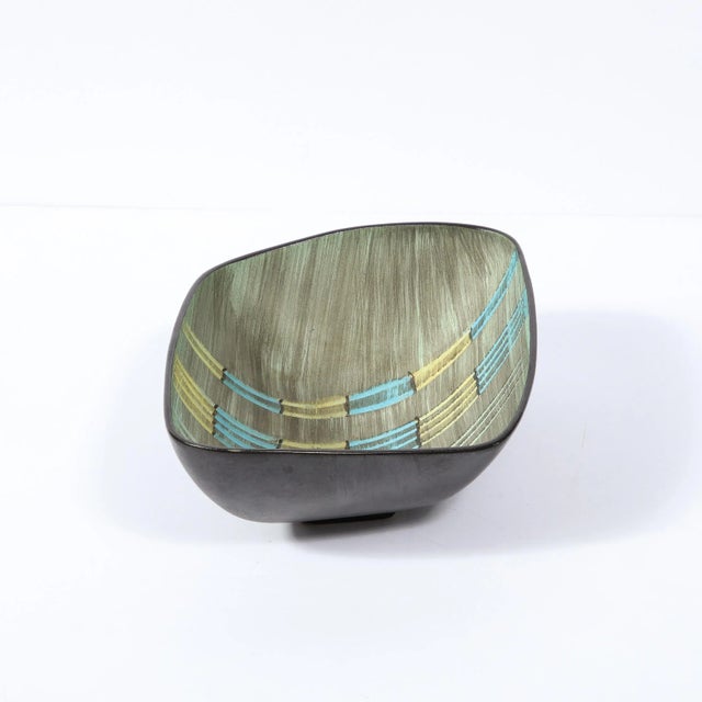 Green Mid-Century Modern Hand Painted Ceramic Bowl With Aqua & Flaxen Yellow Accents For Sale - Image 8 of 13