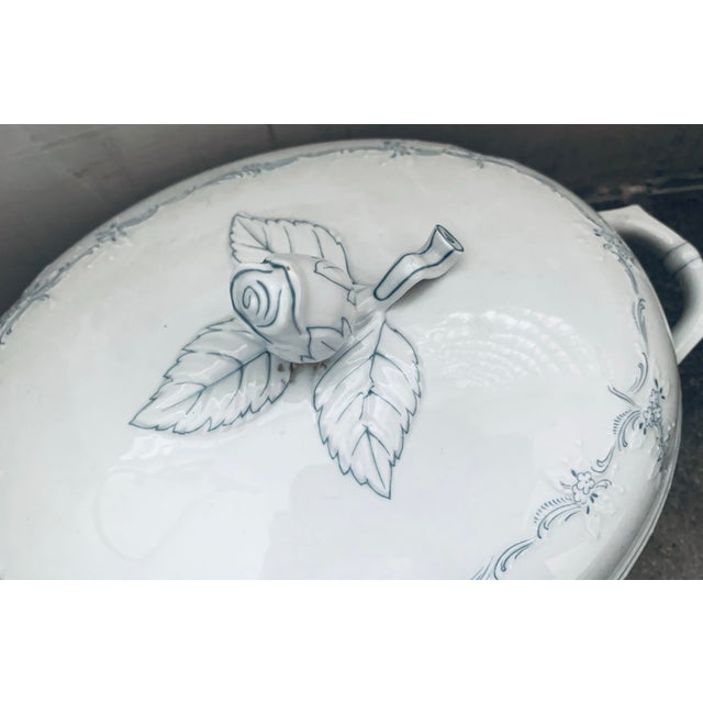 Vintage German Kaiser Rokokoform Dubarry ‘Midinette’ Porcelain Tureen in White With Blue Flowers, Embossed Scrolls & Rosebud Finial Handle on Lid For Sale - Image 10 of 12