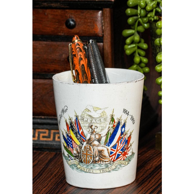 White Commemorative Antique English World War I Patriotic Porcelain Beaker Cup Militaria Flags For Sale - Image 8 of 13
